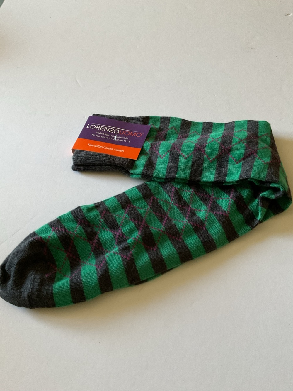 LORENZO UOMO MENS COTTON SOCKS GREY GREEN STRIPE WITH FUCHSIA ARGYLE OS NWT